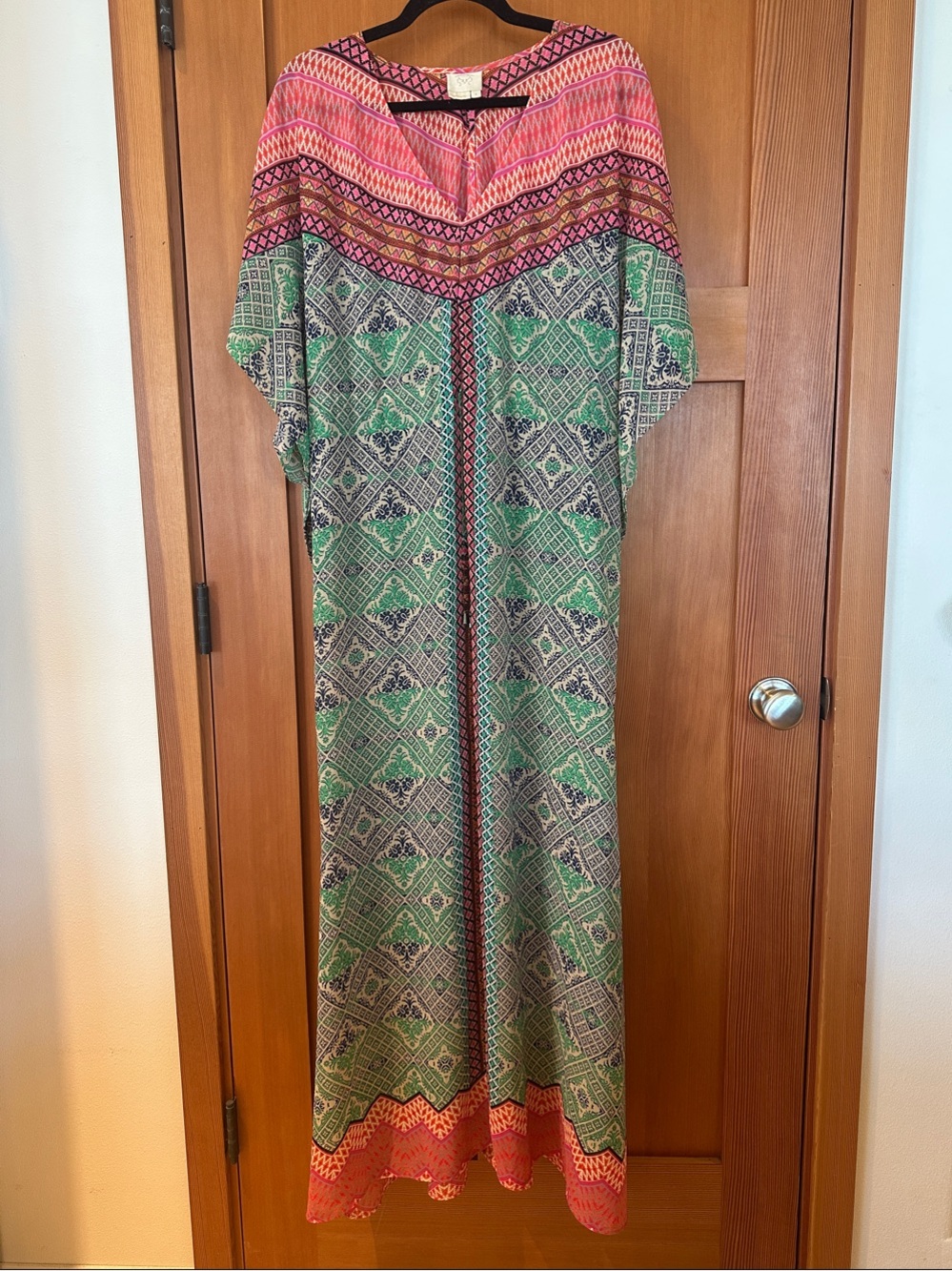 Boho Maxi Kaftan Dress in Green and Pink